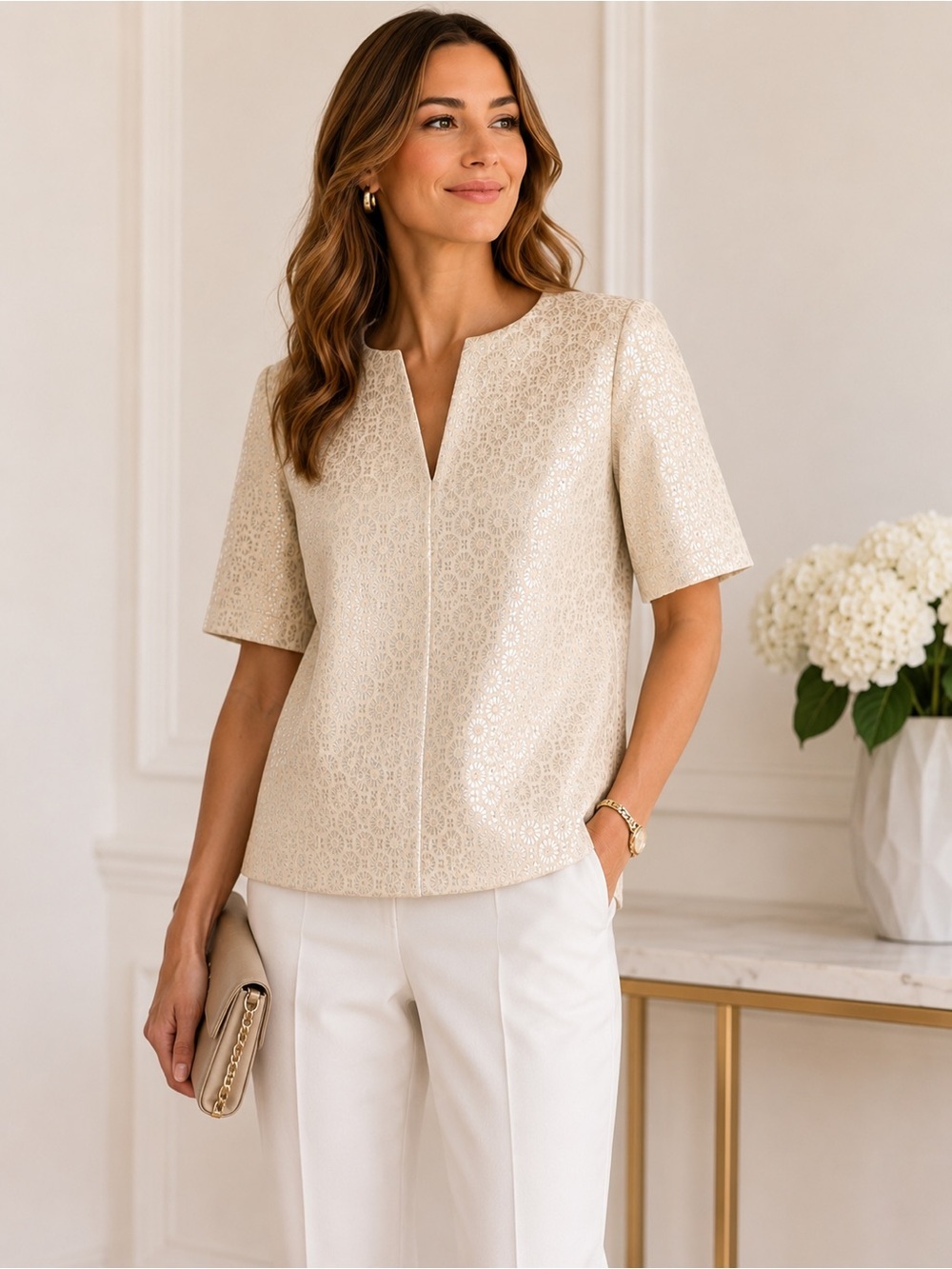 NWT Tibi Jacquard Split Neck Top Butter Cream Short sleeve V-Neck 10 Cotton